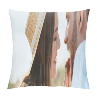 Personality  Horizontal Image Of Happy Woman In Straw Hat Feeding Man With Ripe Strawberry  Pillow Covers