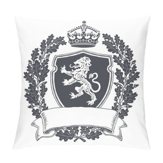 Personality  Black And White Coat Of Arms With Heraldry Lion. Emblem Shield With Crown And Oak Wreath. Ribbon With Blank Copyspace. Pillow Covers