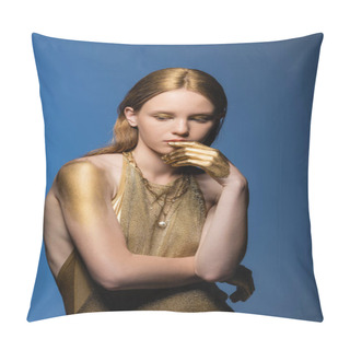 Personality  Young Woman With Golden Paint On Hands And Shoulder Posing Isolated On Blue  Pillow Covers