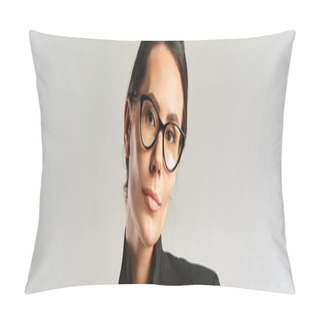 Personality  A Fashionable Woman Exudes Sophistication In A Black Shirt, Complemented By Chic Sunglasses, Against A Neutral Studio Backdrop. Pillow Covers