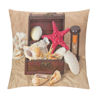 Personality  Sea Shells, Cockleshells, Starfishes In A Chest And Hourglasses On Old Paper Pillow Covers