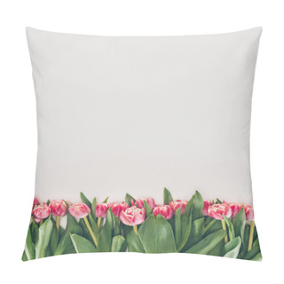 Personality  Beautiful Pink Tulip Flowers With Green Leaves On Grey Background Pillow Covers