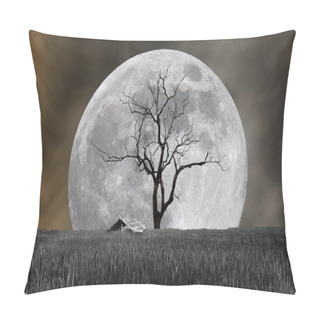 Personality  Super Moon And Barren Tree With Hut In Night- Halloween Festival Pillow Covers
