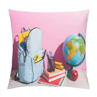 Personality  Blue Backpack With School Supplies Near Globe, Books, Pen Holder, Fresh Apple And School Bus Model On Pink Pillow Covers