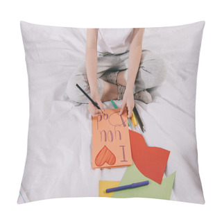 Personality  Partial View Of Kid Drawing Fathers Day Greeting Card While Sitting On Bed Pillow Covers