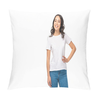 Personality  Attractive Asian Female In White T-shirt And Blue Jeans Holding Hand On Hip Isolated On White Pillow Covers