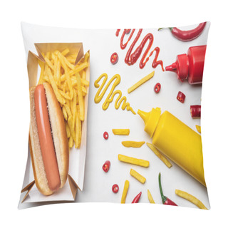 Personality  Top View Of Hot Dog And Fries With Mustard And Ketchup On White Surface Pillow Covers