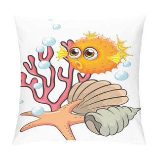 Personality  An Orange Puffer Fish Near The Seashells Pillow Covers