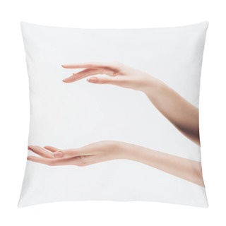 Personality  Cropped Shot Of Woman Pretending Holding Something In Hands With Copy Space Isolated On White Pillow Covers