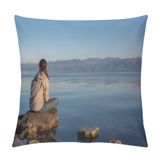 Personality  Quiet Sunset Over The River. The Girl Is Sitting On A Big Stone, Pillow Covers
