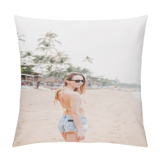 Personality  Attractive Girl Standing On Sandy Beach In Bikini Top And Sunglasses Pillow Covers