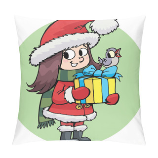 Personality  Girl With A New Year's Gift And A Bird Pillow Covers