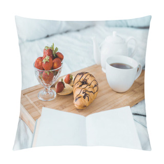 Personality  Appetizing Breakfast Of Strawberries, Croissant And Coffee On Wooden Tray On Bed Pillow Covers