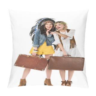 Personality  Full Length View Of Two Amazed Hippie Girls In Indian Headdress And Wreath Holding Suitcases And Pointing With Finger Isolated On White Pillow Covers