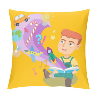 Personality  Little Kid Reading A Book With Objects Flying Out. Pillow Covers