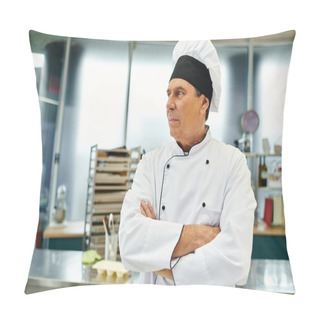 Personality  Handsome Mature Chief Cook In White Hat Posing With Arms Crossed On Chest And Looking Away Pillow Covers