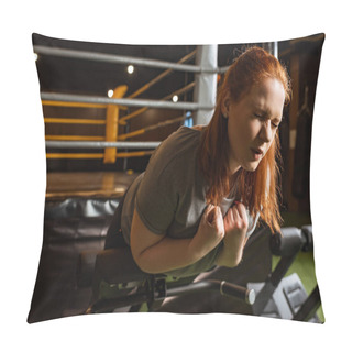 Personality  Overweight Girl With Closed Eyes Doing Lower Back Extension Exercise On Training Machine Pillow Covers