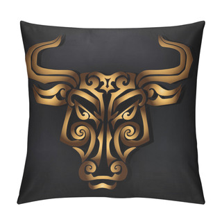 Personality  Golden Bull Head Isolated On Black Background. Stylized Maori Face Tattoo. Golden Bull Mask. Golden Taurus. Vector Illustration. Pillow Covers