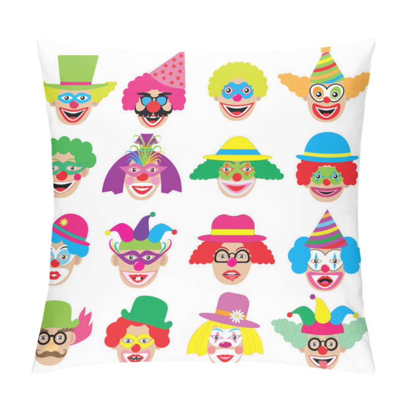 Personality  Clowns faces, icons, big set. Vector illustration. pillow covers