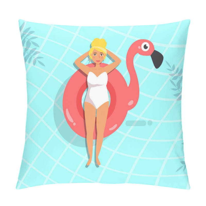 Personality  Woman in pool in rubber ring. Flamingo pillow covers