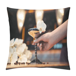 Personality  Cropped View Of Woman Holding Alcoholic Cocktail In Metal Glass Decorated With Orchid Flower  Pillow Covers
