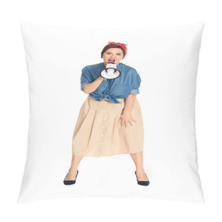 Personality  Emotional Size Plus Pin Up Model Yelling In Megaphone And Looking At Camera Isolated On White Pillow Covers