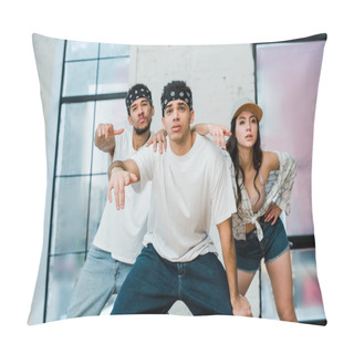 Personality  Stylish Multicultural Dancers Posing While Dancing Hip-hop In Dance Studio  Pillow Covers