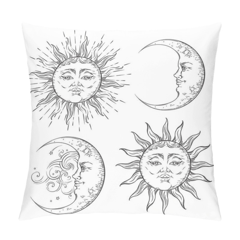 Personality  Boho Chic Flash Tattoo Design Hand Drawn Art Sun And Crescent Moon Set. Antique Style Sticker Design Vector Isolated On White Background Pillow Covers