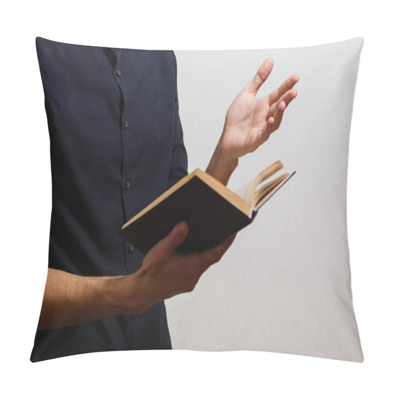 Personality  Man in black shirt holding holy bible on white background  pillow covers