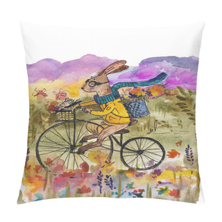 Personality  Watercolor Rabbit On A Bicycle Rides On A Flower Field Pillow Covers