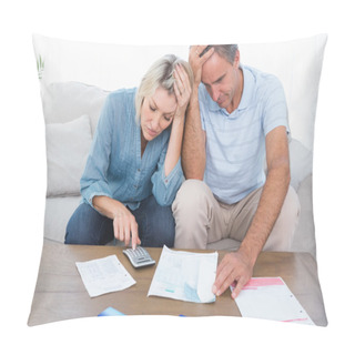 Personality  Worried Couple Going Over Finances Pillow Covers