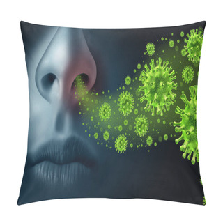 Personality  Influenza Concept And Seasonal Flu Virus Spread Caused By Infectious Microbes With Human Symptoms Of Fever Infecting The Nose And Throat As Deadly Microscopic Cells With 3d Illustration Elements. Pillow Covers