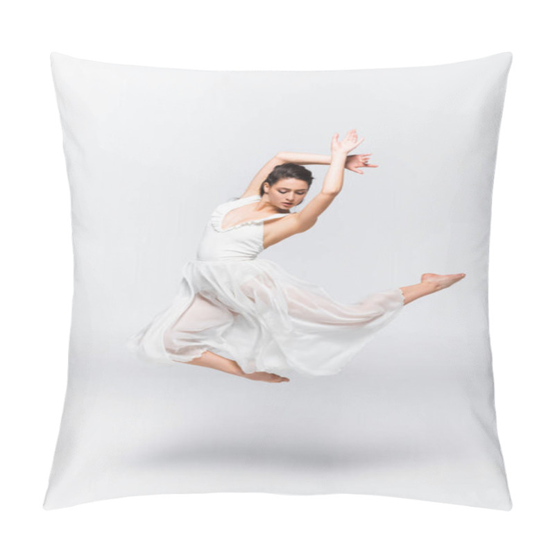 Personality  Beautiful Young Ballerina Dancing In White Dress On Grey Background Pillow Covers