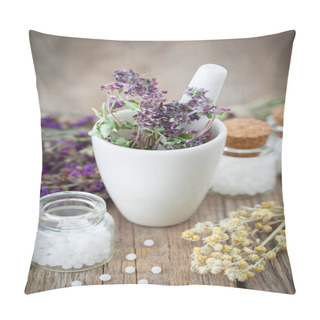 Personality  Mortar Of Dried Healing Herbs And Bottles Of Homeopathic Globules, Pillow Covers