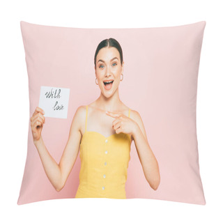 Personality  Surprised Brunette Young Woman Pointing At With Love Card On Pink Pillow Covers