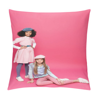 Personality  Happy African American Girl Posing With Hands On Hips Near Friend Sitting On Pink Pillow Covers