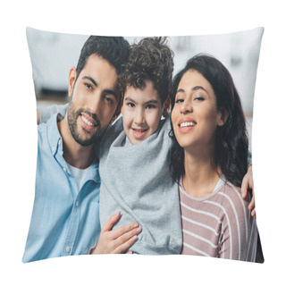 Personality  Happy Latin Family Hugging While Looking At Camera At Home Pillow Covers