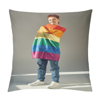 Personality  Full Length Of Smiling Queer Person Posing With Rainbow Colors LGBT Flag White Standing On Grey Pillow Covers