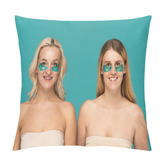 Personality  Joyful Women With Different Skin Conditions And Eye Patches Posing Isolated On Turquoise  Pillow Covers