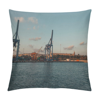 Personality  Constructions And Cranes In Cargo Port Near Sea In Istanbul, Turkey  Pillow Covers