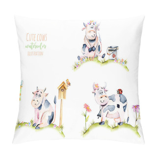 Personality  Set Of Watercolor Cute Cartoon Cows On A Meadow, Ladybugs And Simple Flowers Illustrations Pillow Covers