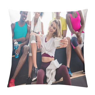 Personality  Selective Focus Of Multicultural Zumba Dancers Taking Selfie While Resting On Bench In Dance Studio Pillow Covers