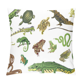 Personality  Set Of Reptiles And Amphibians Isolated On White Pillow Covers