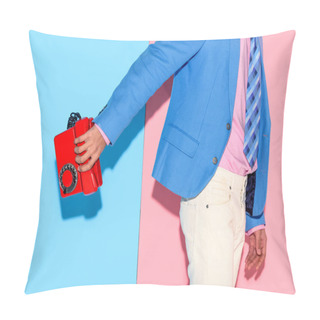 Personality  Midsection Of Young Man In Jacket With Retro Phone In Hand On Pink And Blue Background Pillow Covers