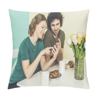 Personality  Smiling Couple Using Smartphone While Having Breakfast Together At Home Pillow Covers
