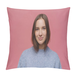 Personality  Beautiful Adult Woman With Dark Hair, Has Calm Face Expression, Wears Knitted Sweater, Poses At Studio Against Pink Background, Thinks About Something Pleasant During Winter Time, Has Tender Look Pillow Covers