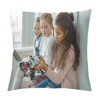 Personality  Group Of Little Schoolgirls Working With Laptop Together On Stem Education Class Pillow Covers