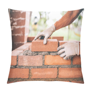 Personality  Professional Construction Worker Laying Bricks And Building Barbecue In Industrial Site. Detail Of Hand Adjusting Bricks Pillow Covers