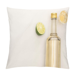 Personality  Top View Of Golden Tequila With Lime On White Marble Surface Pillow Covers