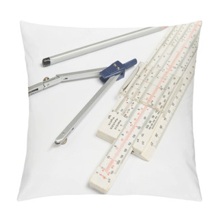 Personality  Logarithmic Ruler, Compasses, Pencil On A White Background . Stationery For Engineers And Students Pillow Covers